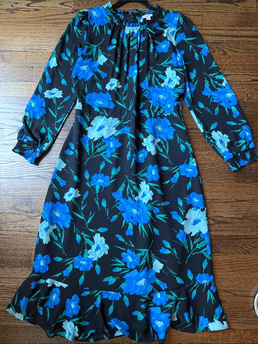 J. Crew Factory Black Midi Dress with Bright Blue Floral Print